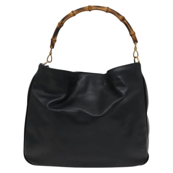 GUCCI Bamboo Shoulder Bag Leather 2way Black Gold - Picture 3 of 15